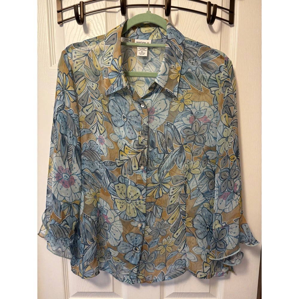 Nicola Floral Sheer Button Down Blouse Blue Yellow Ruffle Cuff XL